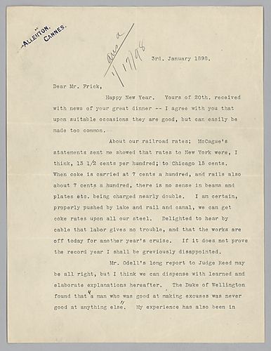 Carnegie writes from Cannes, [France] on railroad rates, Mr. Odell's report and a lease for building a new railroad