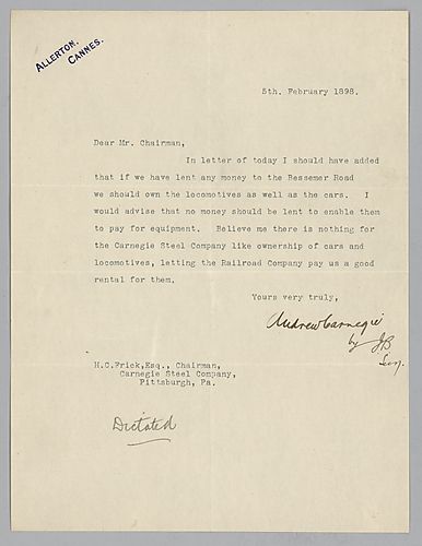Carnegie writes from Cannes, [France] on owning rail cars if any money was loaned to Bessemer Road