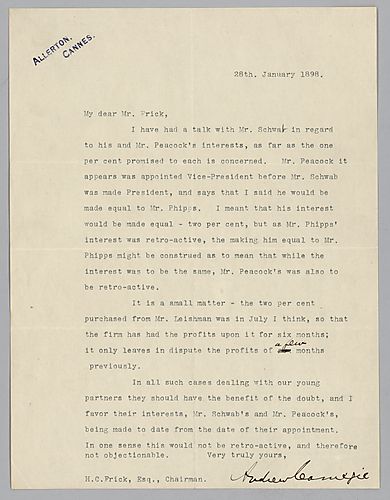 Carnegie writes from Cannes, [France] on the interests of Schwab and Peacock within the company