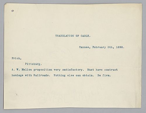 Carnegie writes from Cannes, [France] of his approval of Mellon's proposition, though he includes a necessary condition