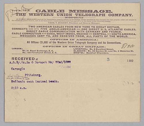 Carnegie writes from Dernoch, [England] to ask about cash instead of bonds