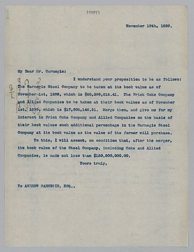 Frick writes on merging Frick Coke Company and its allied companies with Carnegie Steel Company
