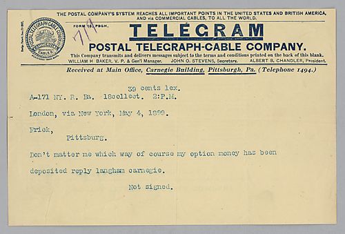 Carnegie writes from London, [England] to say that it does not matter to him how his option money has been deposited