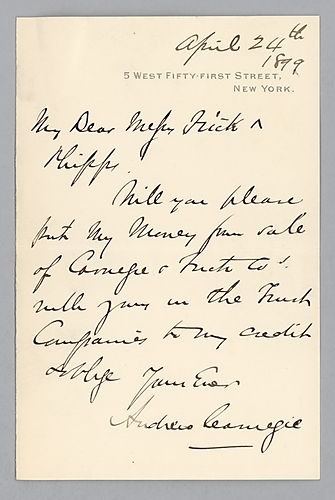 Carnegie writes from New York, [N.Y.] to ask Frick and Phipps to take his money from the company's sale and move it into the Frick Companies