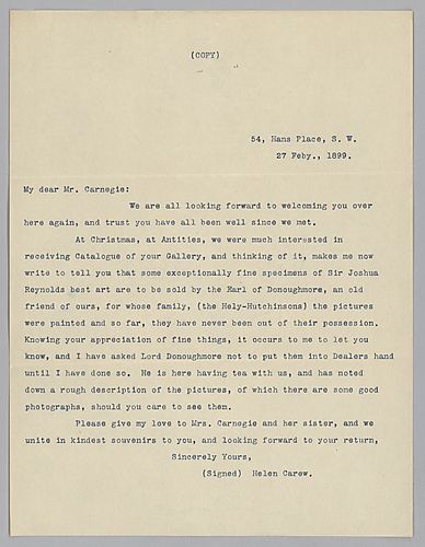 Carew writes on art that Carnegie might be interested in purchasing and provides descriptions of the works