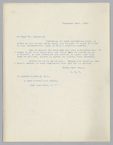 Frick writes on devising a plan to control the company's growing interests