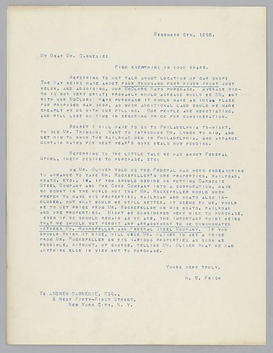Frick writes on property suitable for a car shop, meetings with the Pennsylvania Railroad, and not permitting Federal Steel to make an arrangement with Mr. Rockefeller