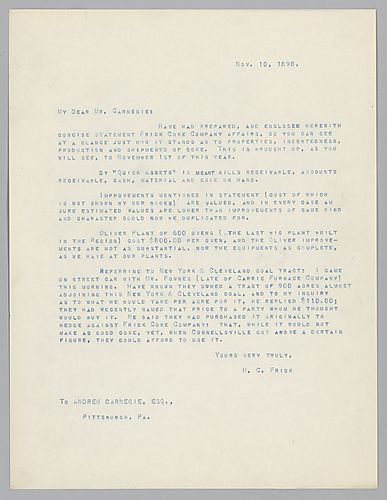 Frick writes on the standing of his coke company, the Oliver plant, and the property in Connellsville