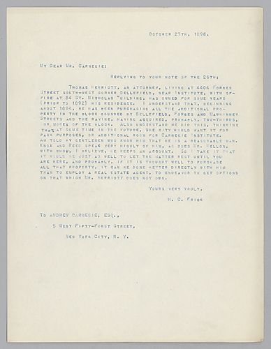 Frick writes on getting property near Forbes Street and Bellefield Street in present-day Oakland in Pittsburgh