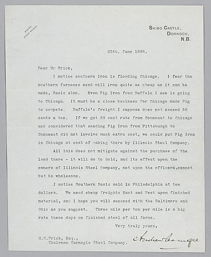 Carnegie writes from Skibo, [Scotland] on ways to get pig iron to the Chicago markets more cheaply