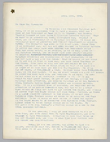 Frick writes on management considerations for the Bessemer Road and a salary reduction for Odell