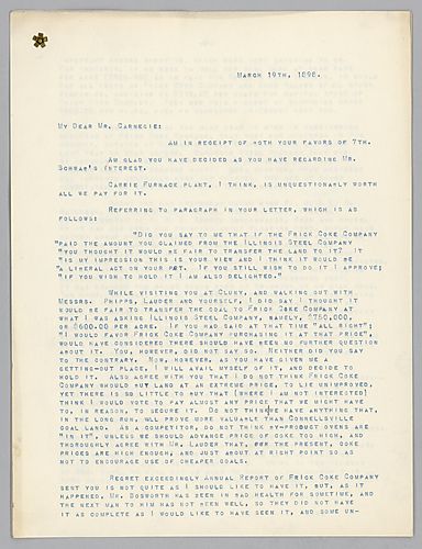 Frick writes on not selling coal to Illinois Steel Company, errors in the reports sent to Carnegie, and talks with the Pennsylvania Railroad. In a post-script, he comments on his daughter's business sense and wishes Carnegie joy with his daughter