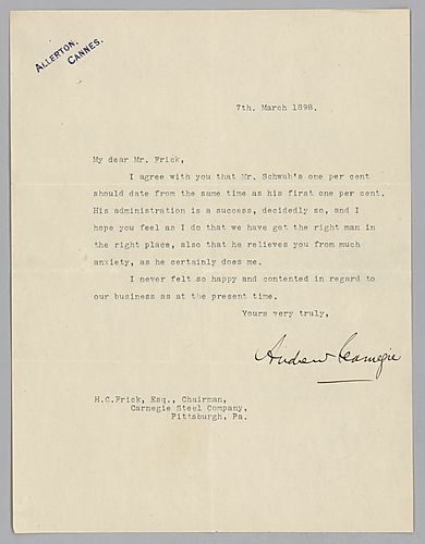 Carnegie writes from Cannes, [France] on Schwab's interest in the company