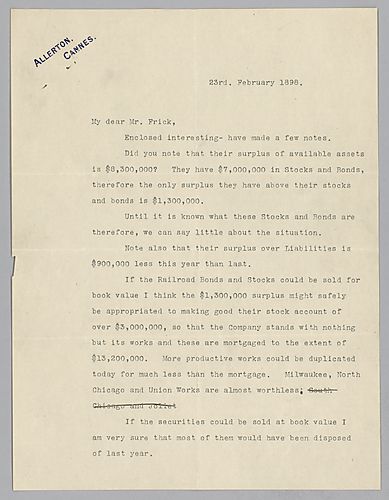 Carnegie writes from Cannes, [France] on the poor financial situation of an un-named company in the contrast to his company