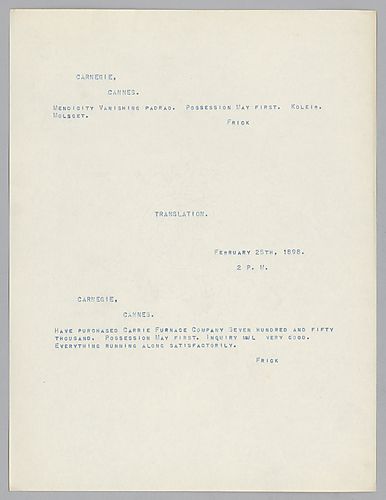 Frick writes that he has purchased the Carrie Furnace Co. and will take possession of it May First