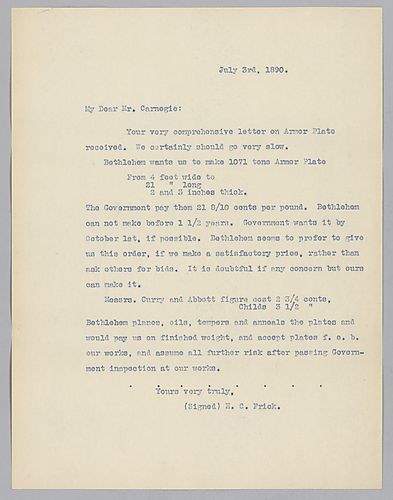 Frick writes on Bethlehem Steel Company's armor production government contracts