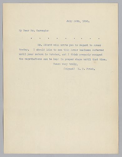 Frick writes that he would prefer that armor negotiations be deferred until Carnegie's October return