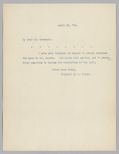 Frick writes to say that all will assist to quickly complete the construction of the armor mill