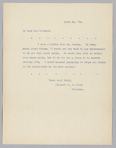 Frick writes to express Lauder's views on rolling versus forging armor