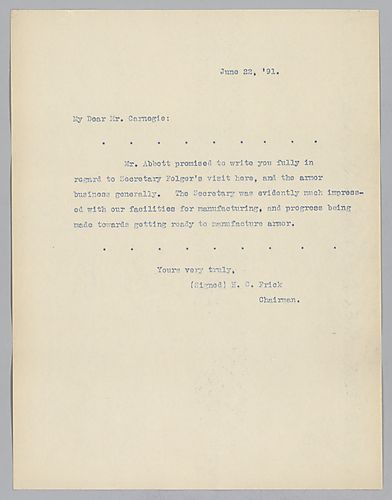 Frick writes to say that Abbott will write more fully on Secretary Folger's visit to the mill and his favorable impressions