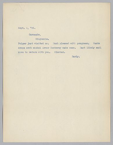 Frick writes on Secretary Folger's recent visit and Folger's satisfaction with armor progress