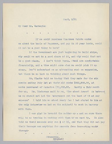 Frick writes on purchasing Sparrow's Point works and on working with other steel companies in order to get better deals from government