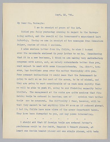 Frick writes on the quality of steel requested for government armor and, if necessary, purchasing tools for the finishing process