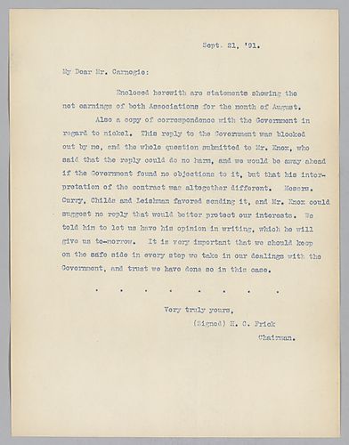 Frick writes on a reply sent to the government meant to protect the company's interests regarding nickel