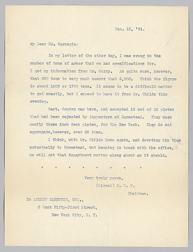 Frick writes on armor orders and plates accepted by Captain Couden