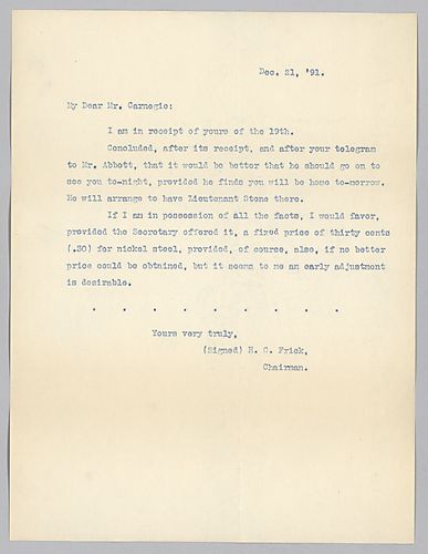 Frick writes on Abbott meeting with Carnegie on a fixed price for nickel