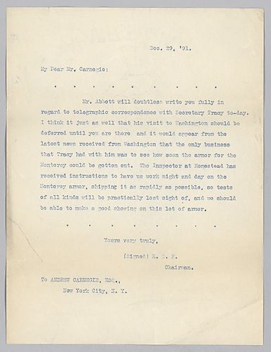 Frick writes on Abbott's trip to Washington and that the government wants armor for the ship Monteray as quickly as possible