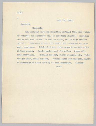 Frick writes that the completion of an armor contract can be postponed. He also gives general information on company progress