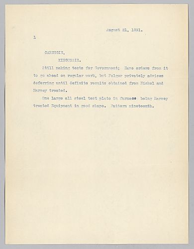 Frick writes on successful tests of plates. He adds that he is waiting on the test results for "Harveyized" plates before proceeding with production