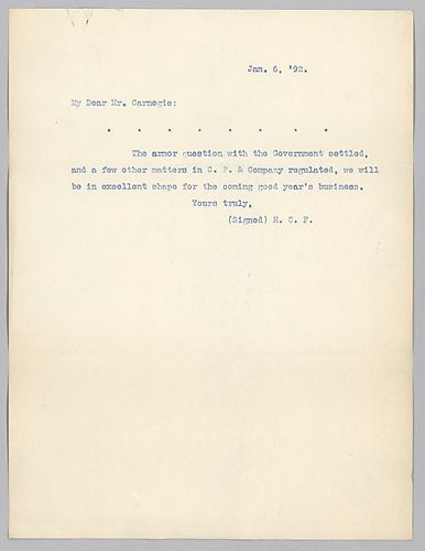 Frick writes to say that the armor question is settled and the coming year's business is promising