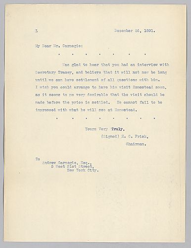 Frick writes his hope that Secretary Tracy concerns will be alleviated through Carnegie's interviews