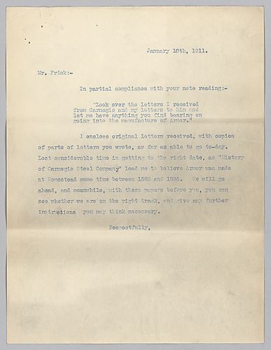 The letter updates Frick on information regarding armor gathered at his request