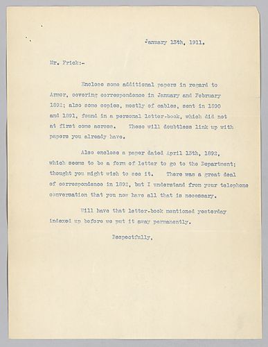 This letter documents further finds of armor letters but concludes by saying that Frick has all he needs