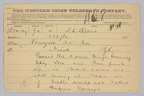 Carnegie writes from New York, [N.Y.] on stock increases