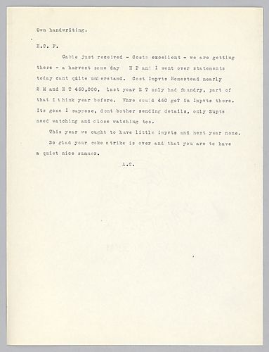 Carnegie writes of improvement costs at Edgar Thomson and mentions the end of Frick's Coke strike