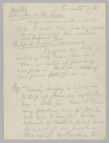 This is a copy of the minutes from a board meeting discussing the Union Iron Mills lease, the Bridge Company's proposed agreement, and the pig iron market. Carnegie adds a note to Frick on steel cars and labor