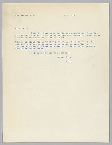 Carnegie writes on meeting with the Board of Trustees to discuss a new building and he requests that someone look into acquiring land east of the institute