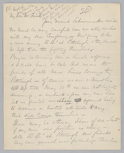 Carnegie writes on staying out of trouble by letting rail companies battle each other over shipping percentages. In a handwritten post-script, he adds that a "right of way" should be obtained