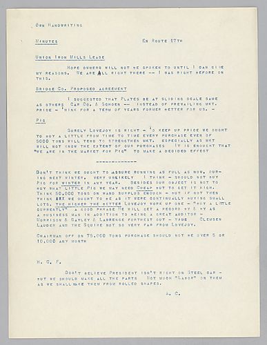 This is a copy of the minutes from a board meeting discussing the Union Iron Mills lease, the Bridge Company's proposed agreement, and the pig iron market. Carnegie adds a note to Frick on steel cars and labor
