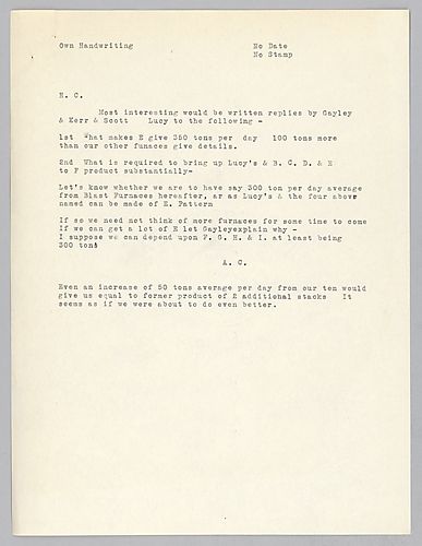 Carnegie writes to ask how Lucy's furnace "E" produces so well and what to do to get the other furnaces at Lucy to produce comparably
