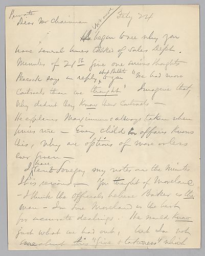 Carnegie writes his notes on the minutes of a board meeting and asks for more information on sales figures and steel car contracts