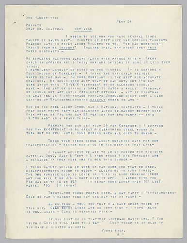 Carnegie writes his notes on the minutes of a board meeting and asks for more information on sales figures and steel car contracts