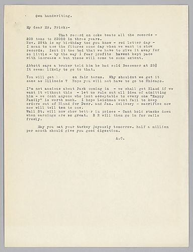 Carnegie writes on Frick's new coke record and general company profits