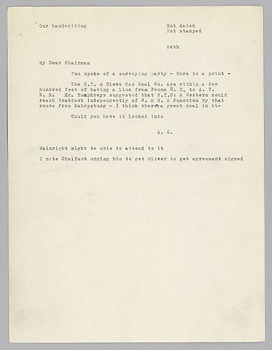 Carnegie writes on the potential railroad for Pittsburgh and Western that could reach Braddock from Sharpsburg independently of the Baltimore and Ohio junction