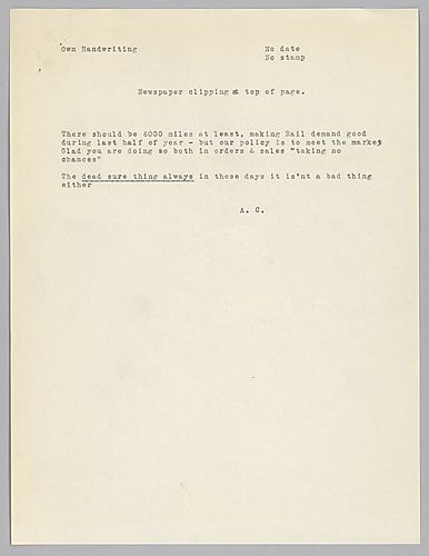 Carnegie writes below a corresponding newspaper article on rail demand with the building of new lines in the far west and the northwest, which are set to commence