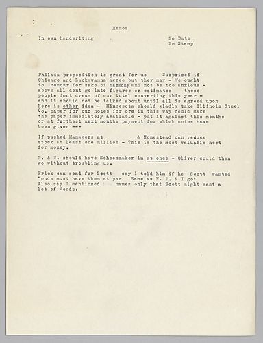 Carnegie writes on an agreement with the other steel companies, but he advises Frick not to give too much company information or estimates. He also gives general instructions to some of his plant managers